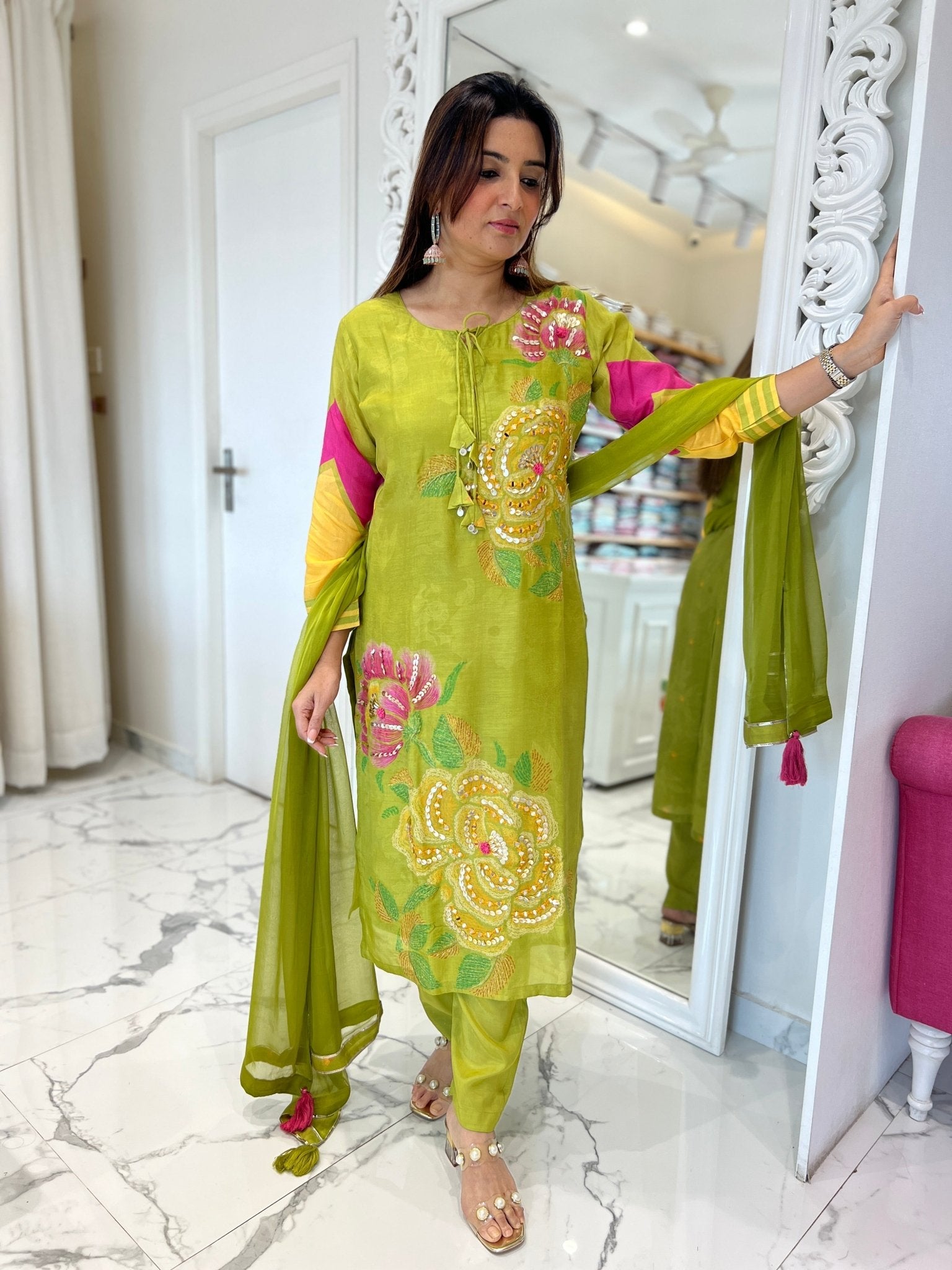 New Green Base Heavy Embroidered Kurti With Sharara and Pink Dupatta ,dress  for Mehndi Function, Partywear Green Suit ,3pc Set ,green Dress - Etsy